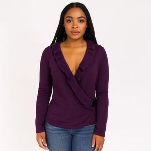 Fenn Wright Manson 100% Italian Merino Wool Solid Purple front tie Blouse size L